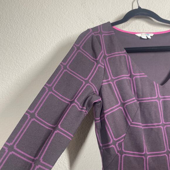 Boden 6 Eliza Ponte Sheath Dress Purple Windowpane Cotton V Neck Long Sleeves - Picture 4 of 11